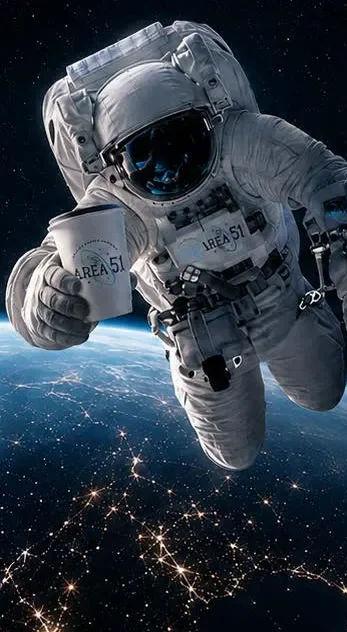 Astronaut with an AREA 51 coffee cup