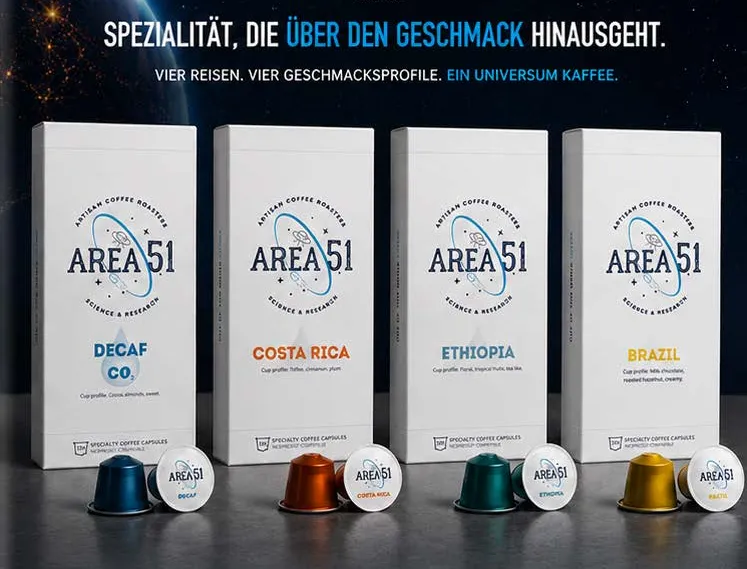 AREA 51 capsule packs Decaf, Costa Rica, Ethiopia and Brazil
